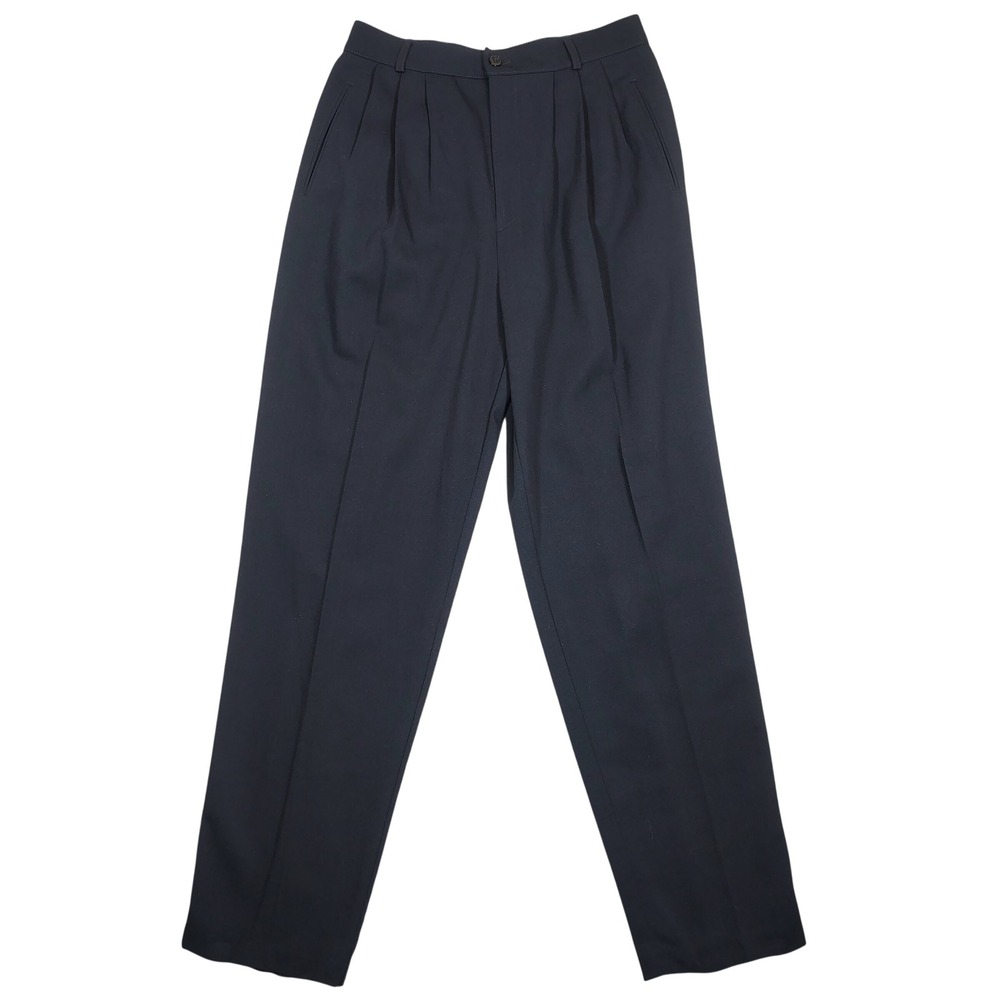 Tribal Trousers Women 10 Navy Blue Pleated High Rise Straight Leg Rayon Blend